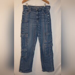 American Eagle Blue Cargo Jeans Super High Rise Baggy Straight Leg Size 14 Long